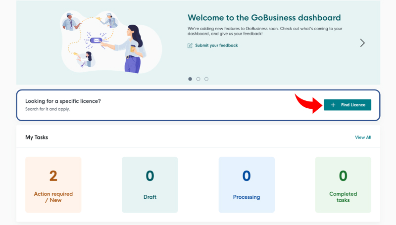 GoBusiness Dashboard find a licence